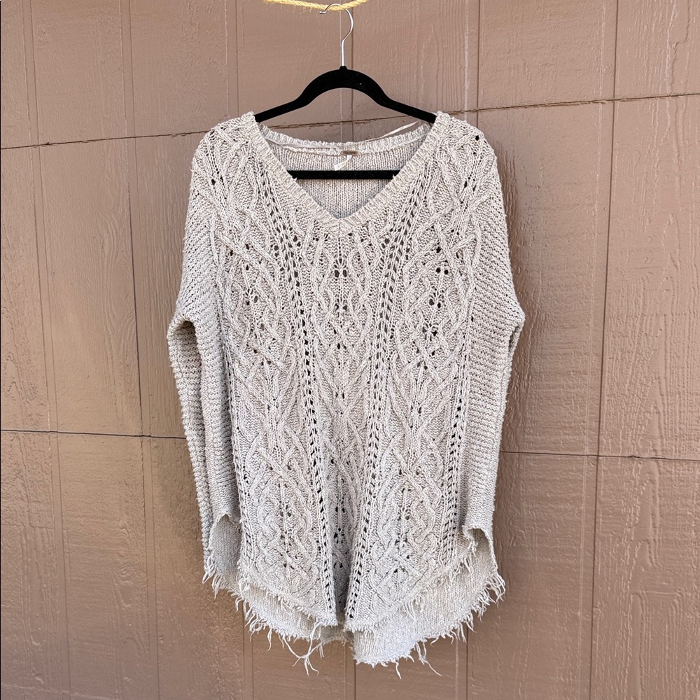 Free People Cream Cable Knit V-Neck Sweater